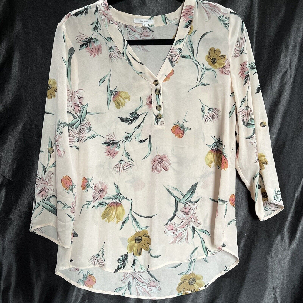 Maurices Womens Sheer Top Wildflowers/Blush Buttons Roll or Flowing Sleeves Sz M
